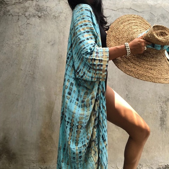 Turquoise Tie Dye Boho Swim Coverup Kimono Robe - Picture 6 of 9